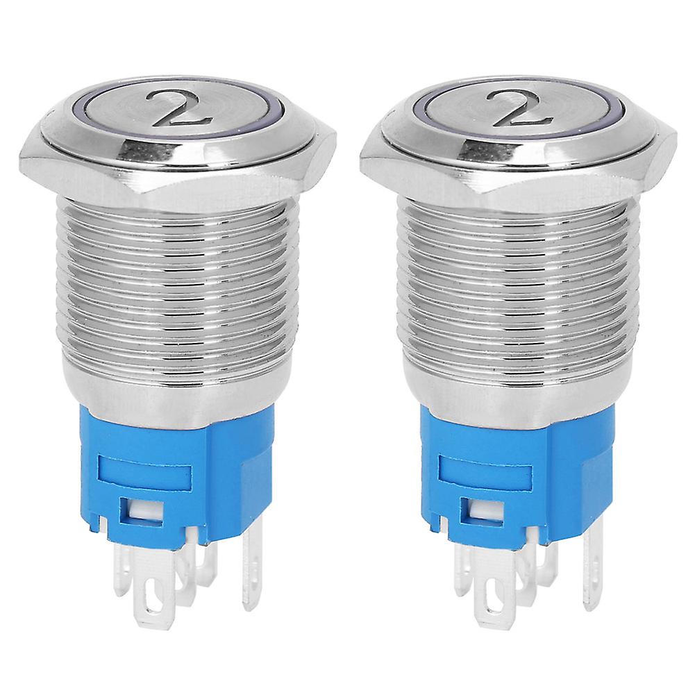 2PCS 16mm White LED Flat Self-Reset 5-Pin Metal Push Button Switch, '2' Symbol, 12VDC
