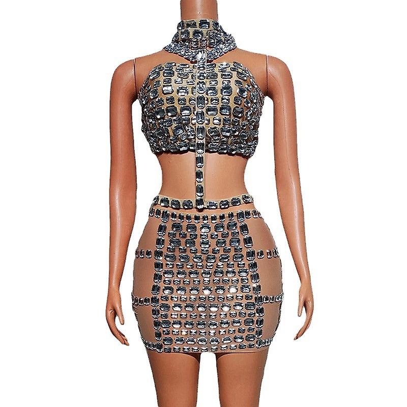 Sexy Spicy Girl Women's Fashion Chain Hollow Out Design With Super Big Water Diamond Style Short Skirt