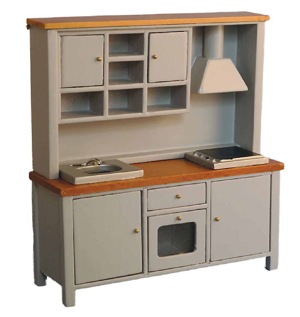 Dolls House Grey & Pine Complete Modern Kitchen Unit With Sink Oven & Hob