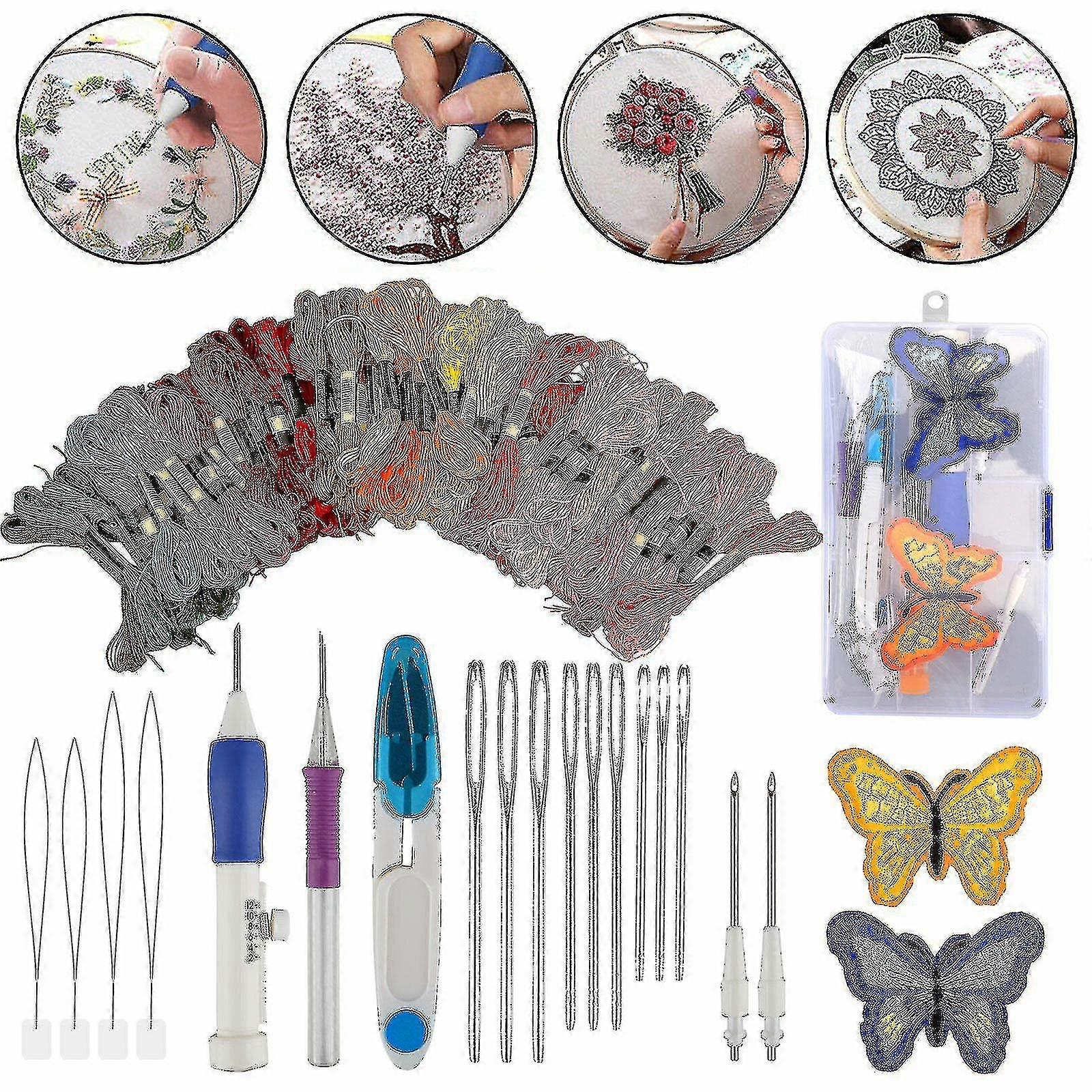 Magic Diy Embroidery Pen Knitting Sewing Tool Kit Punch Needle Set 50 Threads