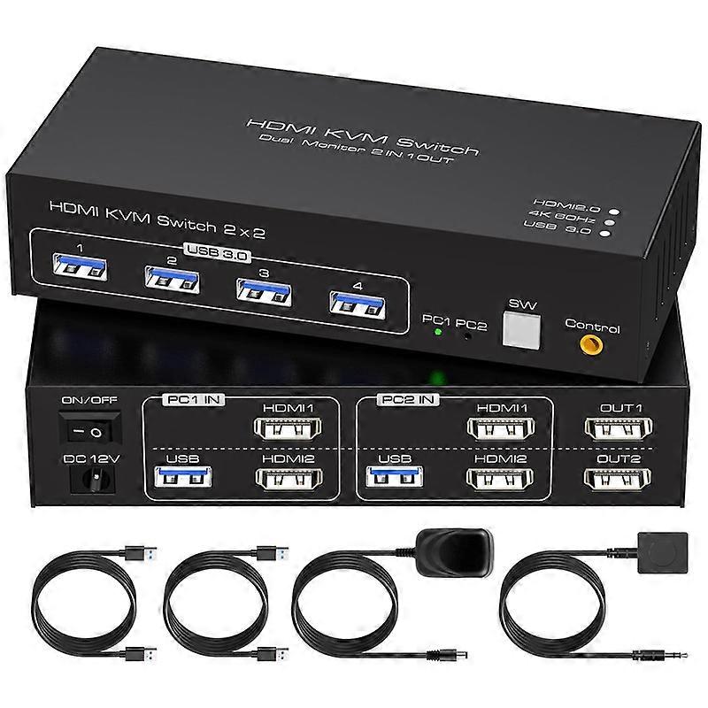 HDMI Dual Monitor KVM Switch 2 Monitors 2 Computers 4K@60Hz