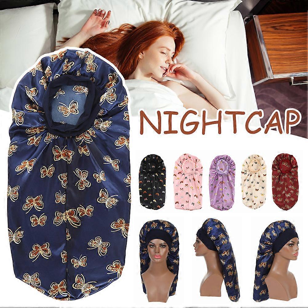 Women's Butterflys Print Long Satins Braid Bonnets Hair Protection Comfy Nightcap for Sleeping