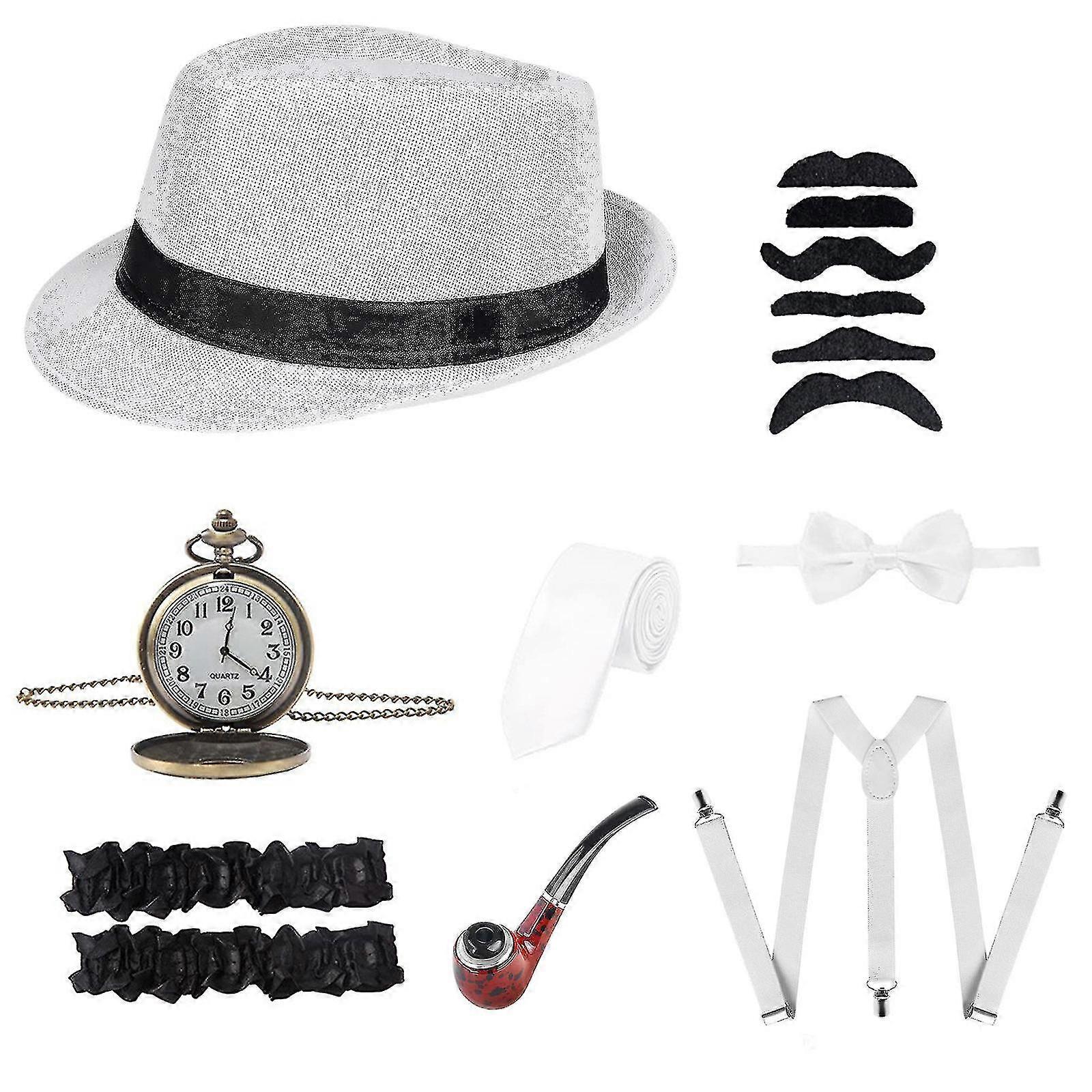 1920 Mens Gatsby Costume Accessory Set con Panama Gangster Cappello Barba elastica regolabile Bretelle 8pcs Bianco