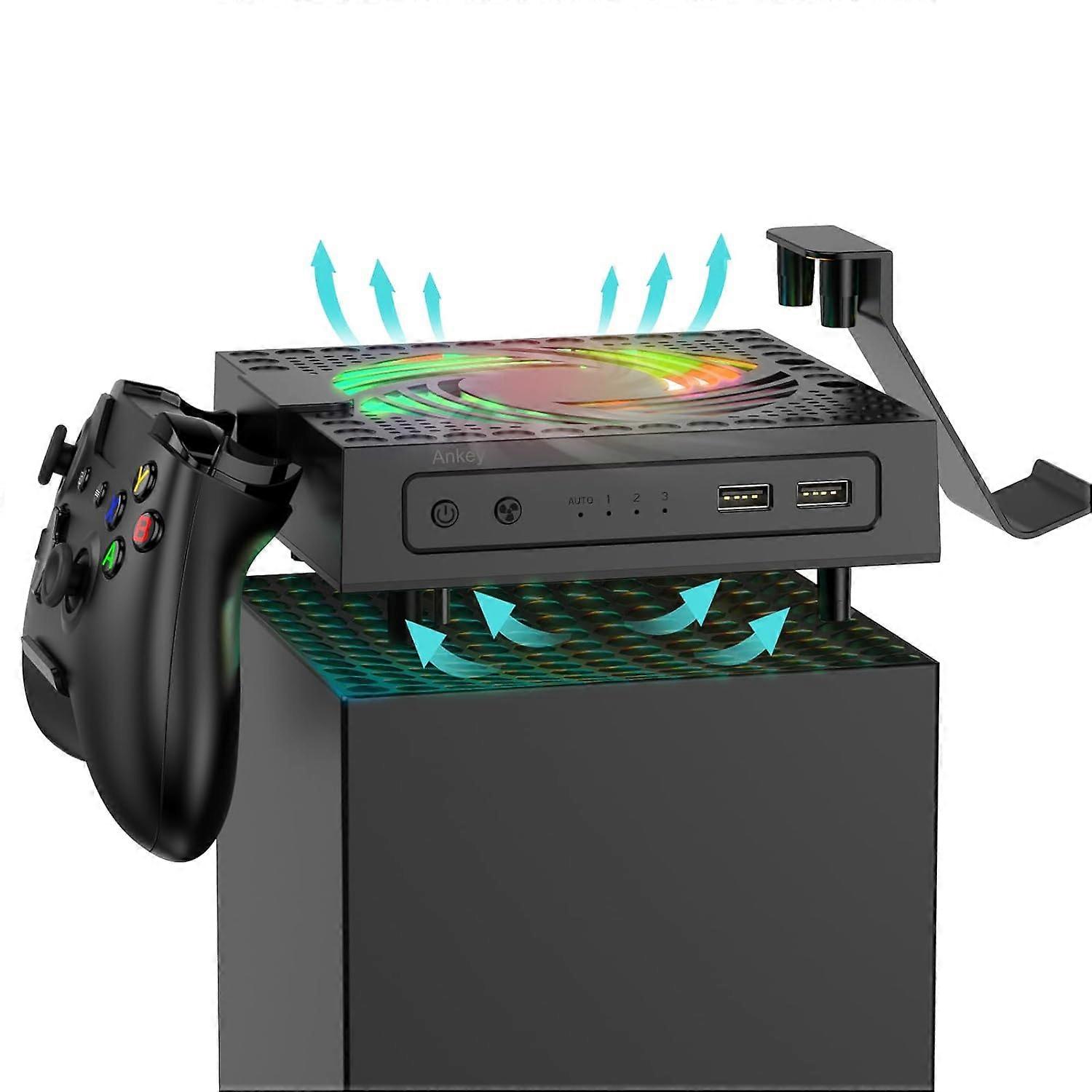 Automatic Cooling Fan for Xbox Series X Console, Temperature-Controlled Cooling Fan System 2 Holders for Controller Headphone Low Noise Colorful RGB L