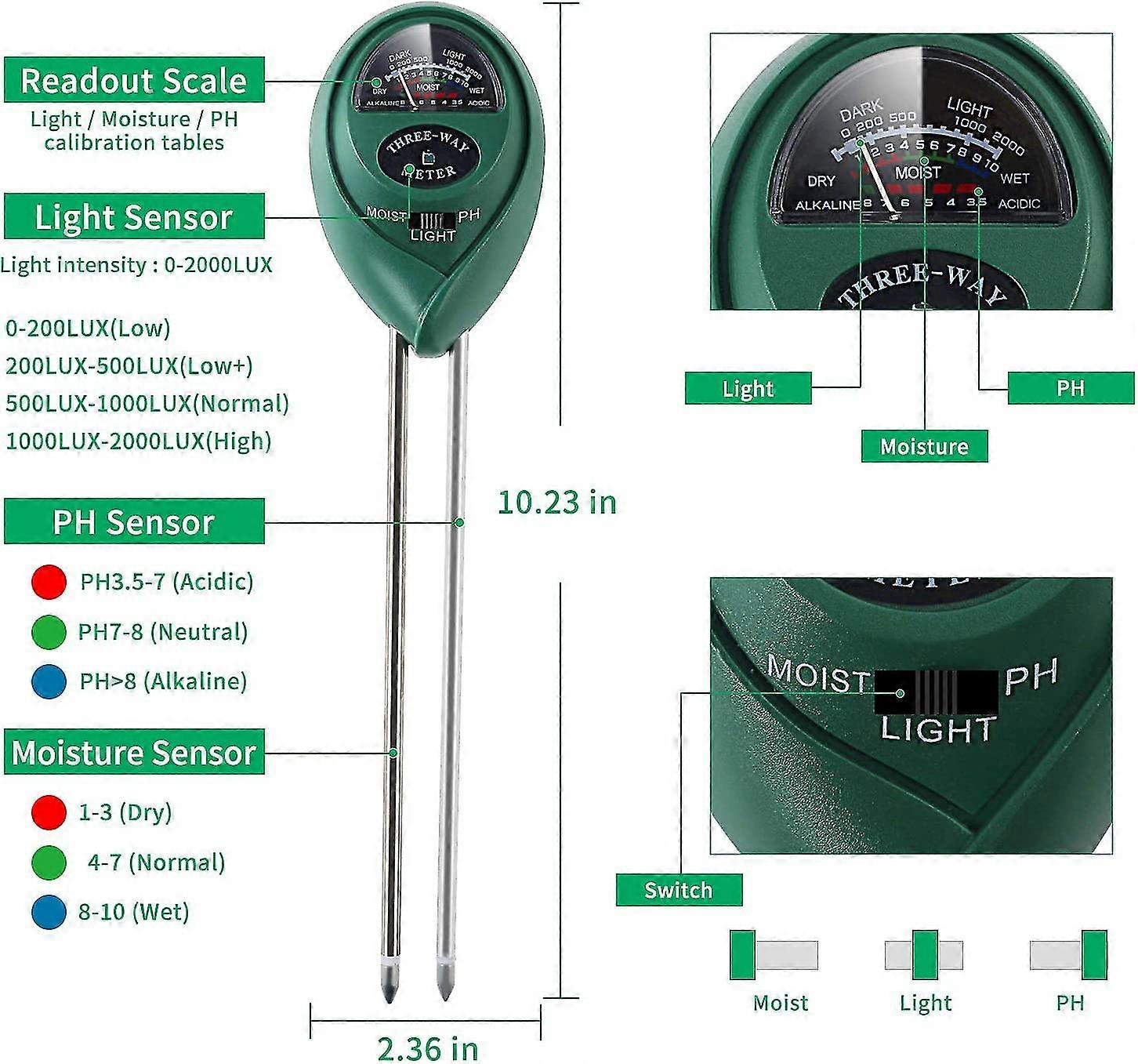Floor Humidimeter - 3 In 1 Floor Tester Kits With Soil/light Humidity Tester/ph, Planting Tool Kit For Plants, Adapted Inside And Outside, Gardens, La