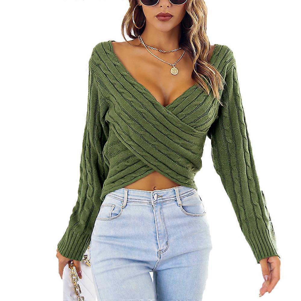 Damen Casual V-Ausschnitt Langarm Pullover Cross Wrap Front Off Shoulder Rippstrick Crop Pullover Trui