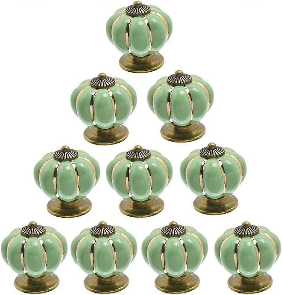 Set of 10 Vintage Ceramic Pumpkin Door Knobs Light Green