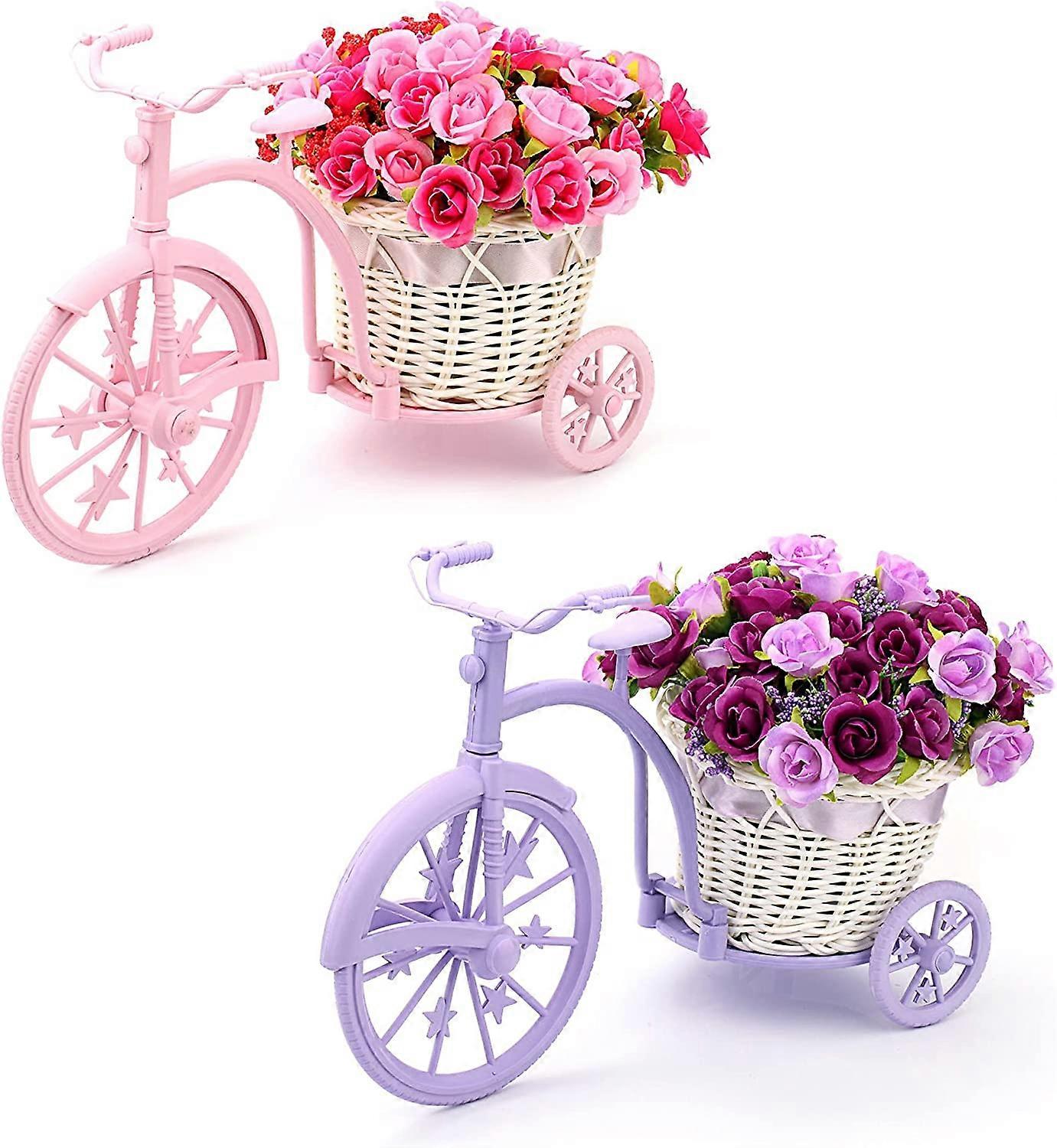 Nostalgisk Cykel Konstgjord Blomma Dekor Växt Stativ (Rosa + Lila)