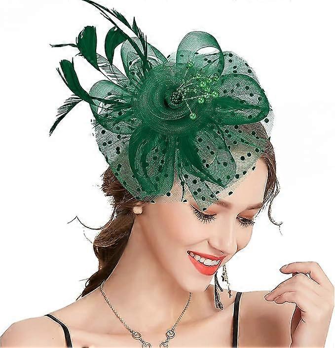 Green - Hat with flower and net ribbon, feather headband and tea clips, for girls and women.