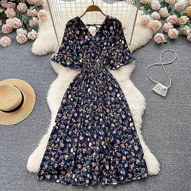 Atopos Kvinnor Tryckt Strand Sommarklänning Mode Casual Semester Midi Klänningar Kvinnlig mantel Vestido Solklänning Kvinna Kläder 2022-mörkblå, en storlek