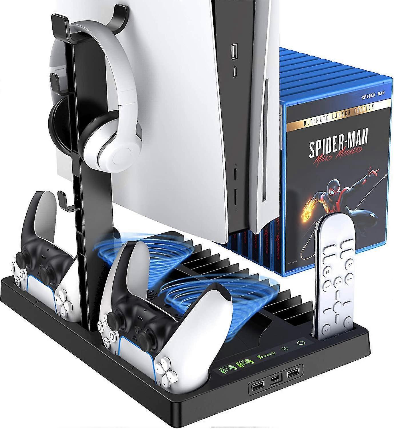 Ps5 Console Stand With Cooling Fan & Dual Ps5 Controller Charging Dock & Headset Holder & 15 Game Discs Slot