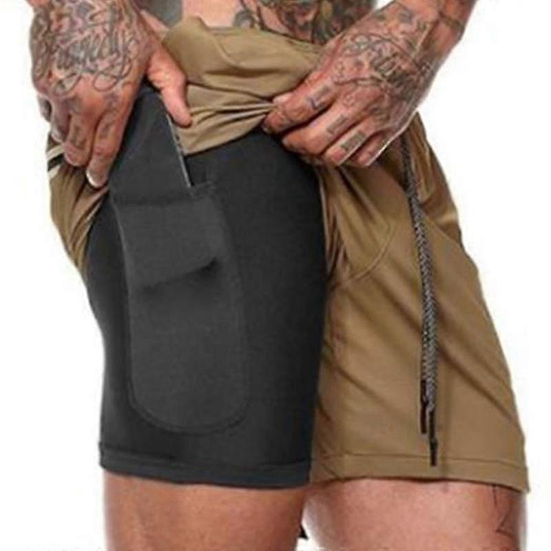 2 In 1 Men Summer Sports Shorts Running Security Phone Pockets Pants Double Layer Bottoms