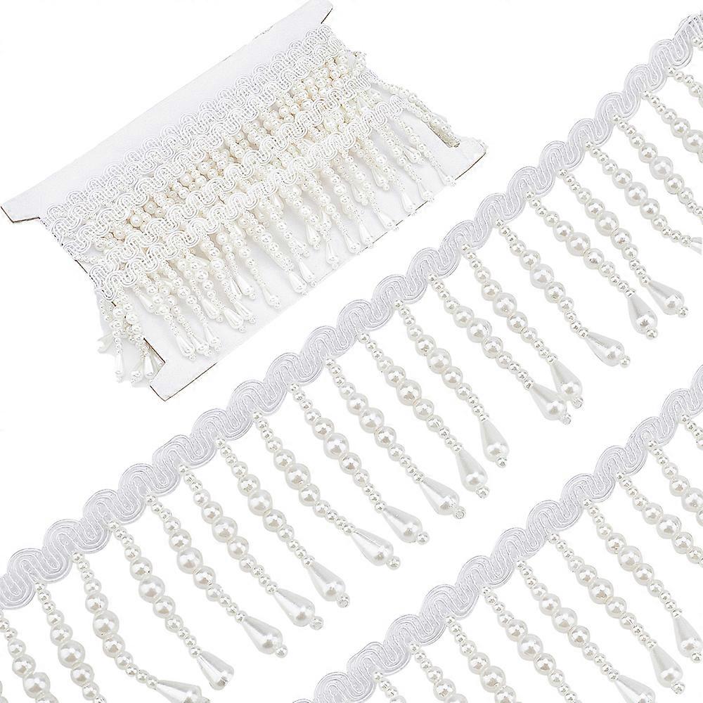 Polyester & Imitation Pearl Beaded Tassel Ribbon Beaded Trimming for Skirt Curtain White 55x1mm about 2 yards/bag