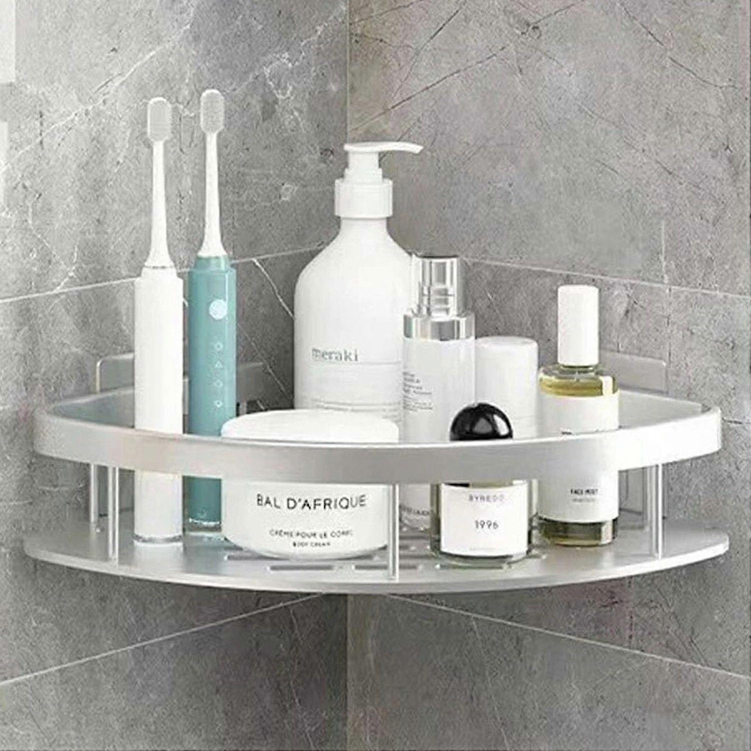 Space Aluminum Bathroom Corner Shelf Adhesive Wall Mount Shower Triangular Storage Rack - Silver