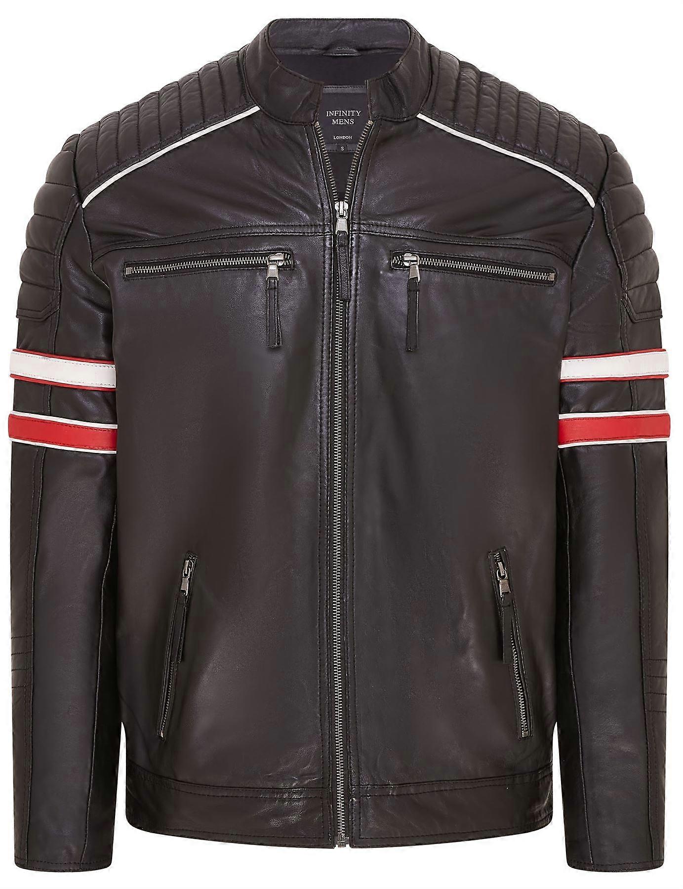 Mens Black Quilted Biker Leather Jacket Racing Jacket