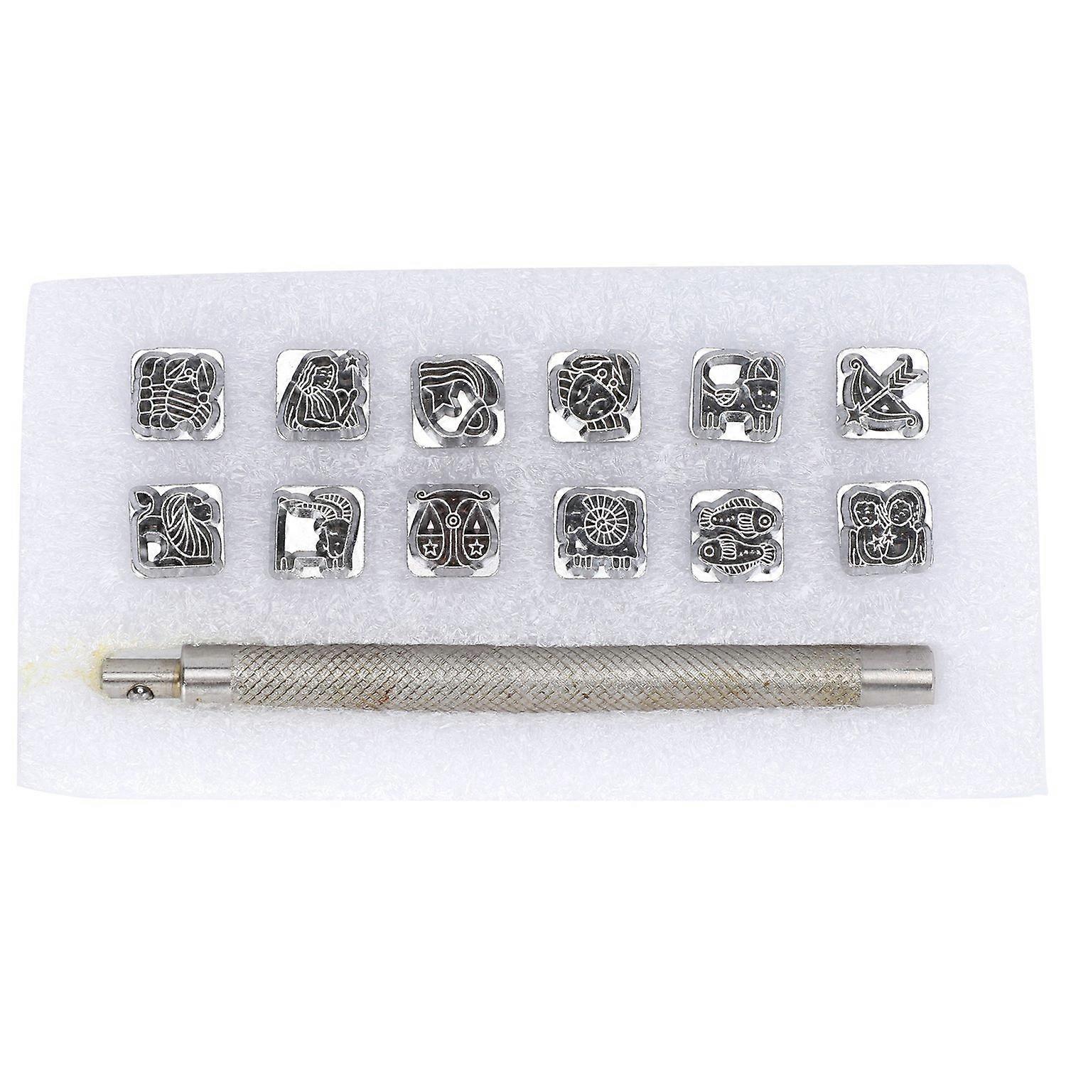 12Pcs Stamping Punch Tool Leather Craft Alloy Steel DIY Vegetable Leather Stamper 1Pc Handle(Twelve