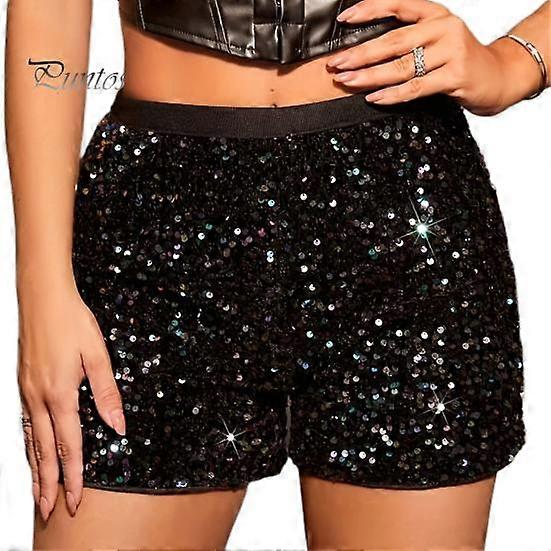 Women Club Shorts Sparkling Sequin High Elastic Waist Pleated Soft Slim Fit Above Knee Length Stage Show Dance Festivals Party Mini Shorts