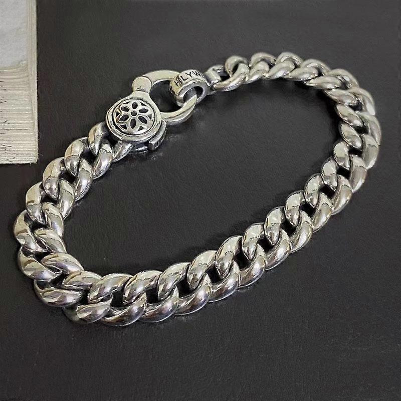 S925 Srebrna bransoletka Klamra kwiat wiśni Kubański łańcuch Męska osobowość Styl hip hop Prosta srebrna bransoletka czołgu