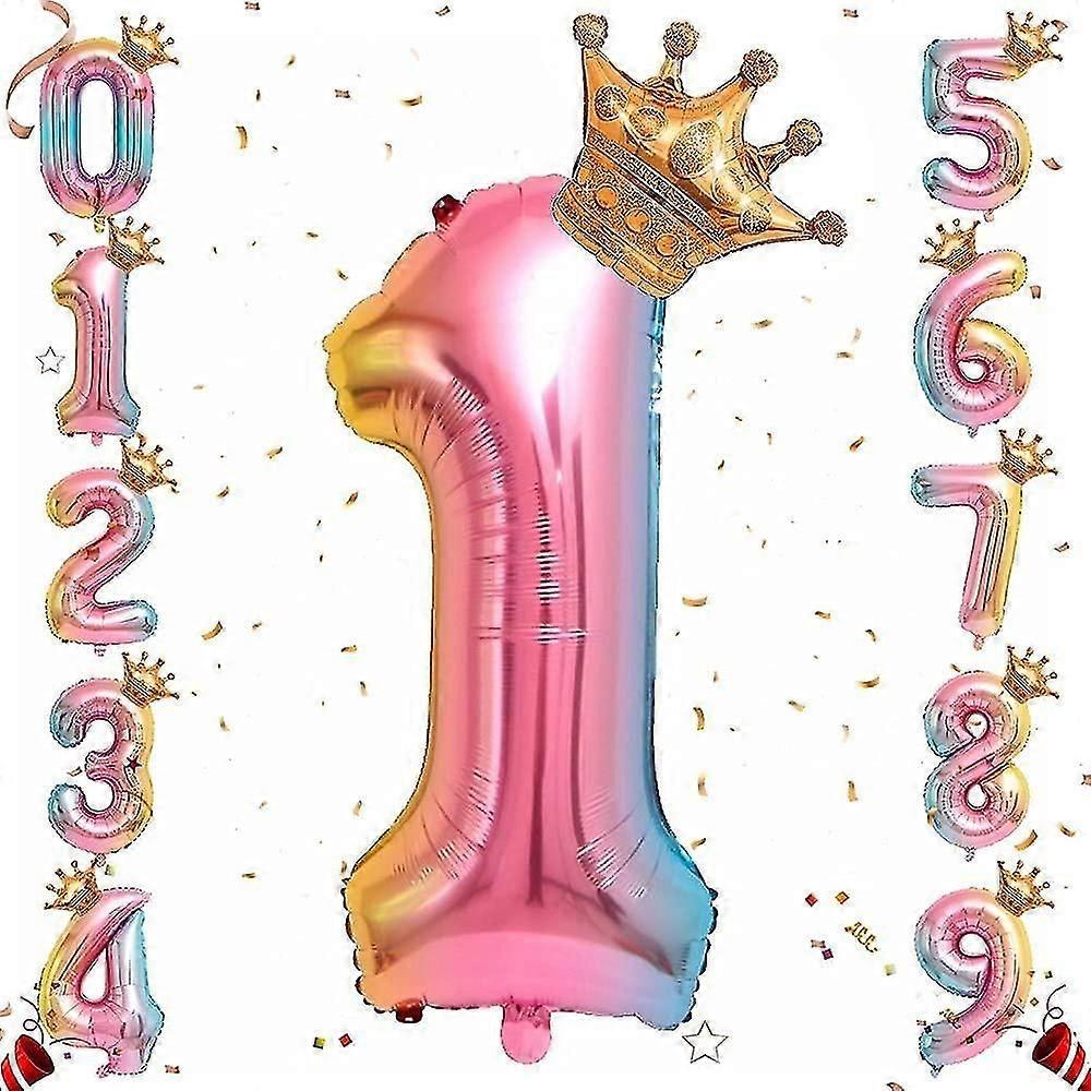 Helium Foil Number Balloon, 32 Inch Rainbow Gradient Number Balloons with Crown for Birthday, Birthd