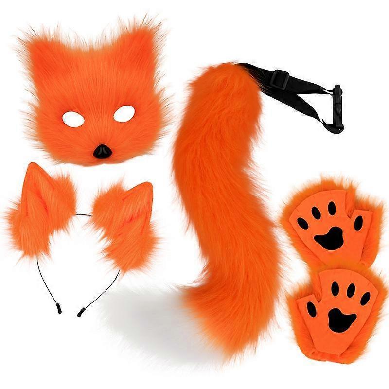 Fluffy Fur Fox Tail Keychain Cat Paws Gloves And Wolf Therian Mask Set For Halloween Cosplay Costume Accessories