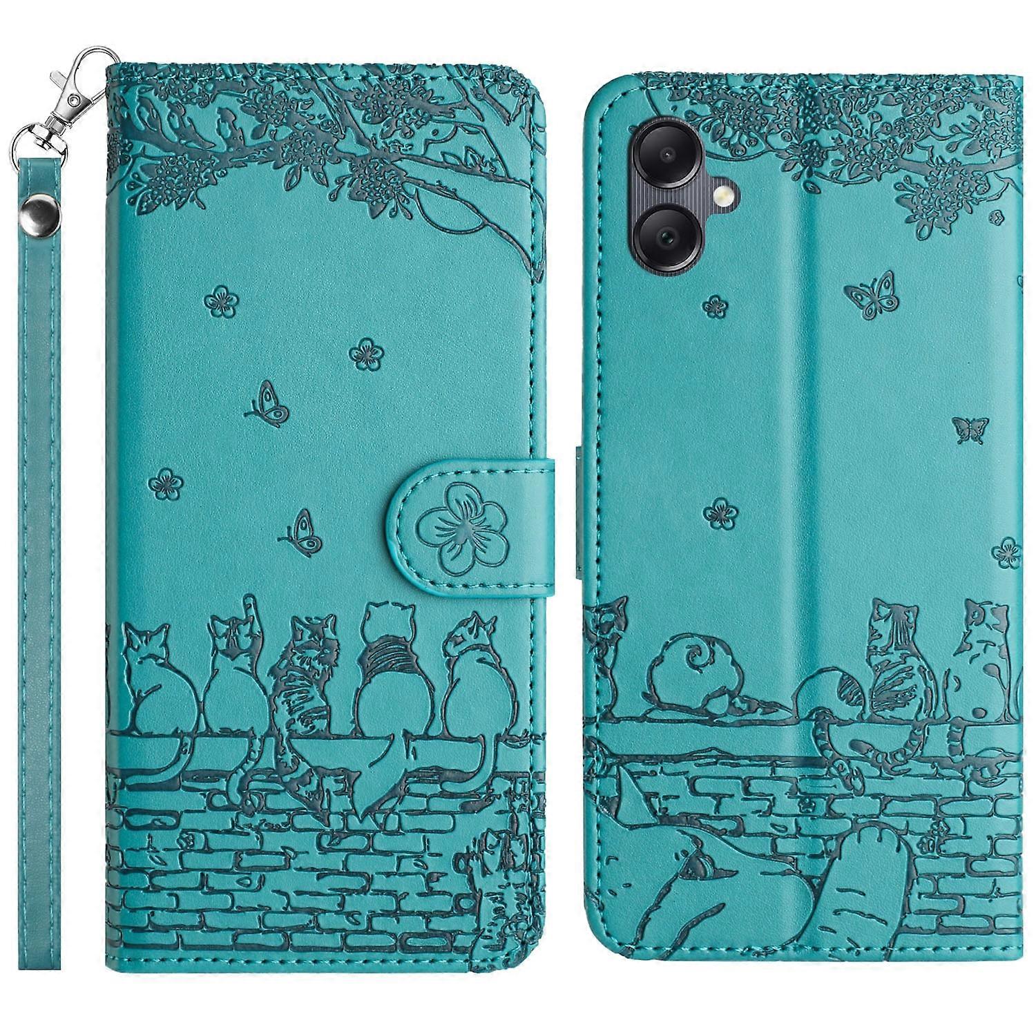 Cat Embossing Pattern Leather Phone Case with Lanyard