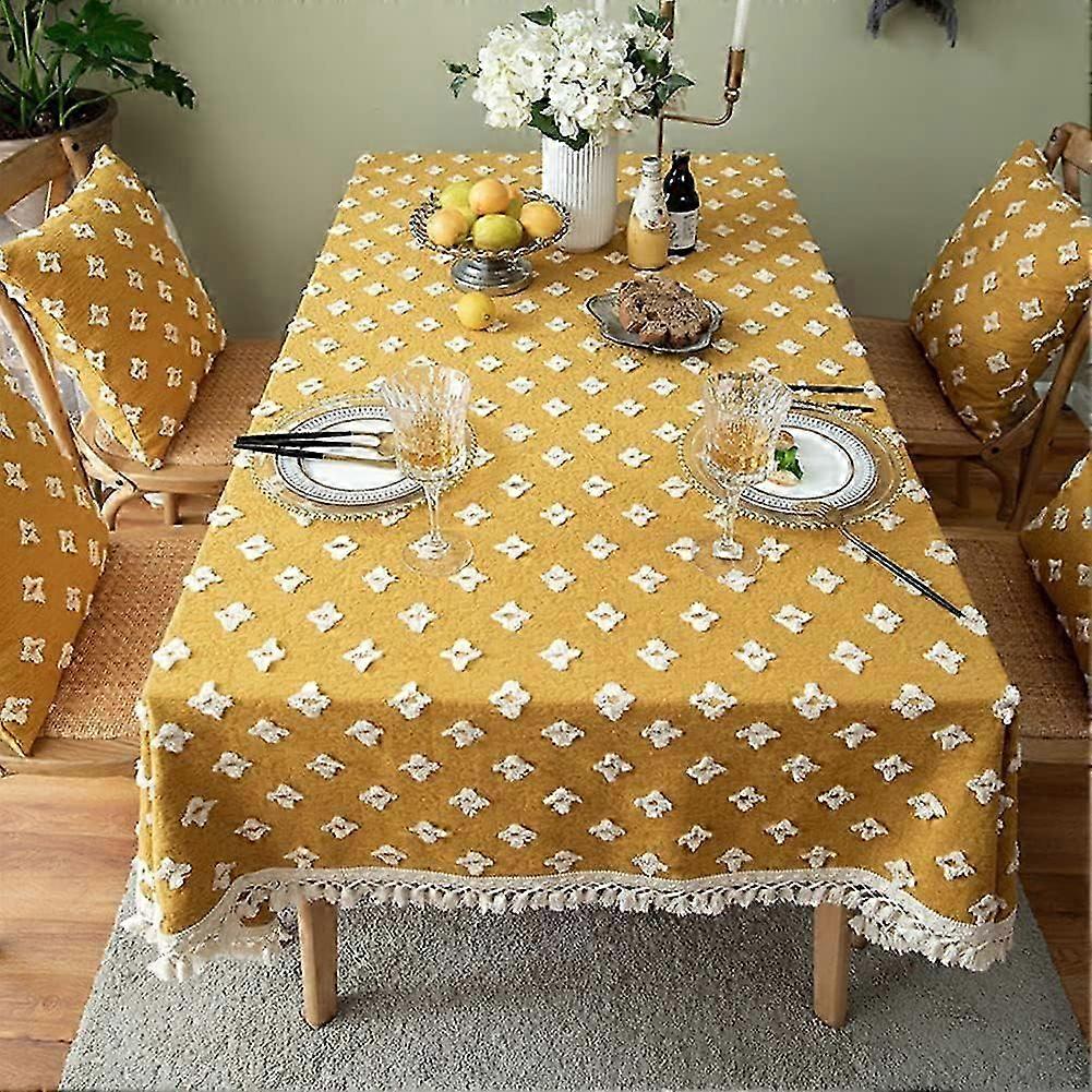 Farmhouse Rhombic Jacquard Tablecloth with Tassel Washable Dust-Proof Table Cloths for Kitchen Dining Party Picnic (Yellow, 55