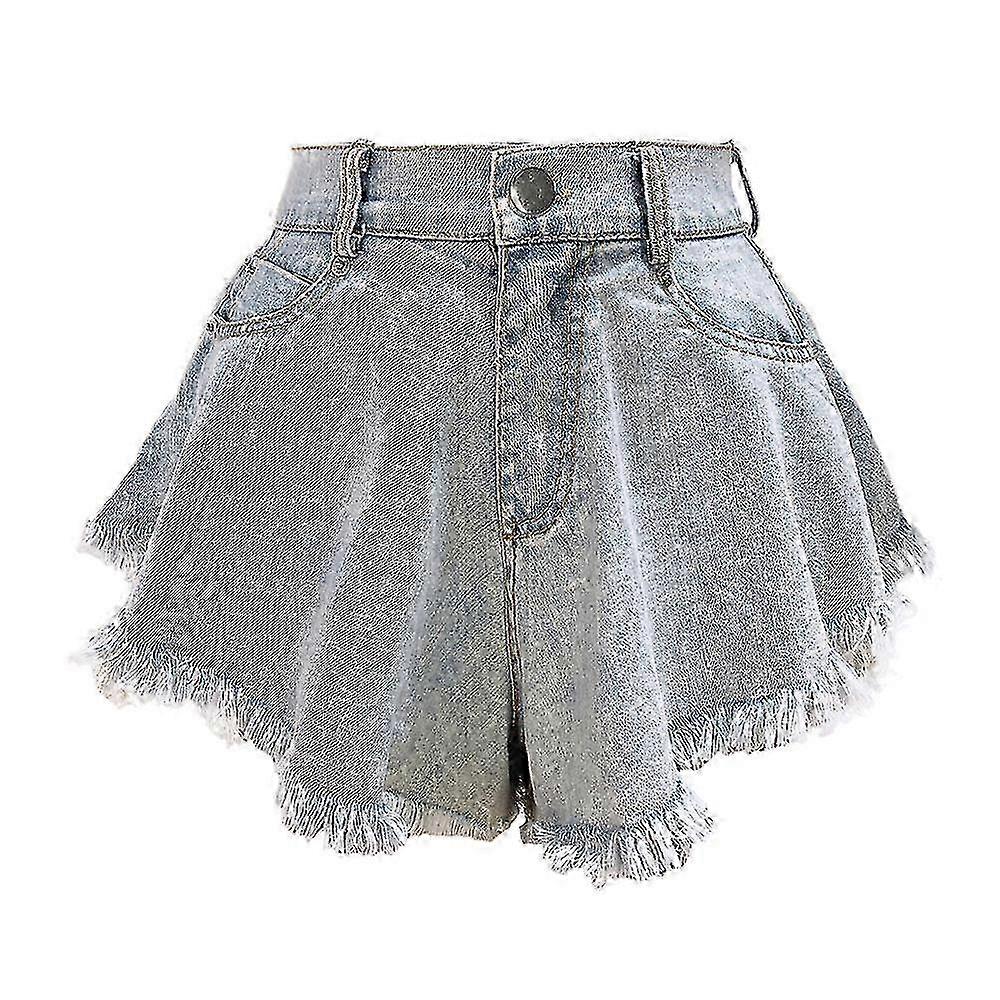 Short ample en jean taille haute ourlet à pompons déchirés