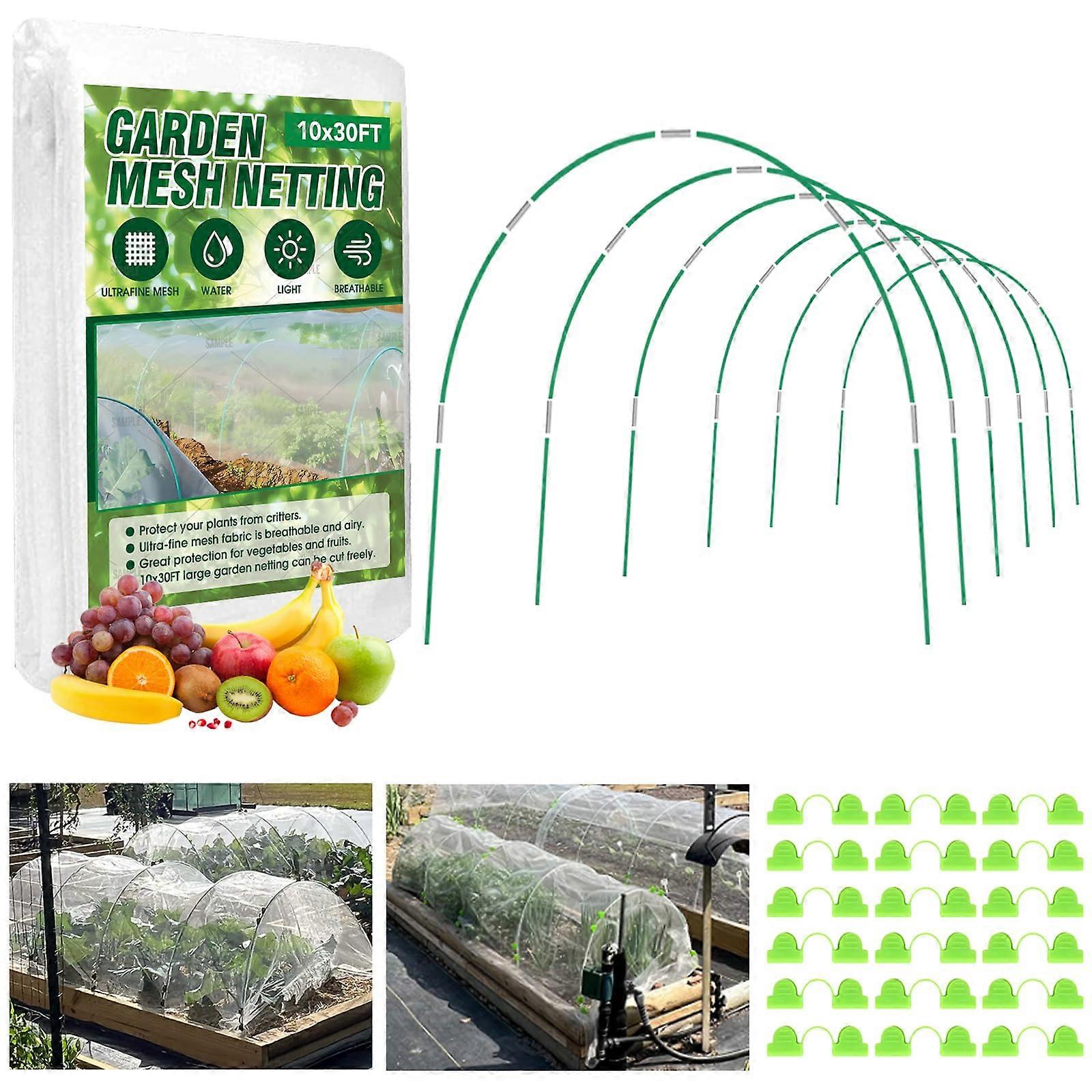 Garden Netting Kit, 10x30FT Ultra Fine Mesh &6 Netting Sets of 8FT Fiberglass Garden Hoops