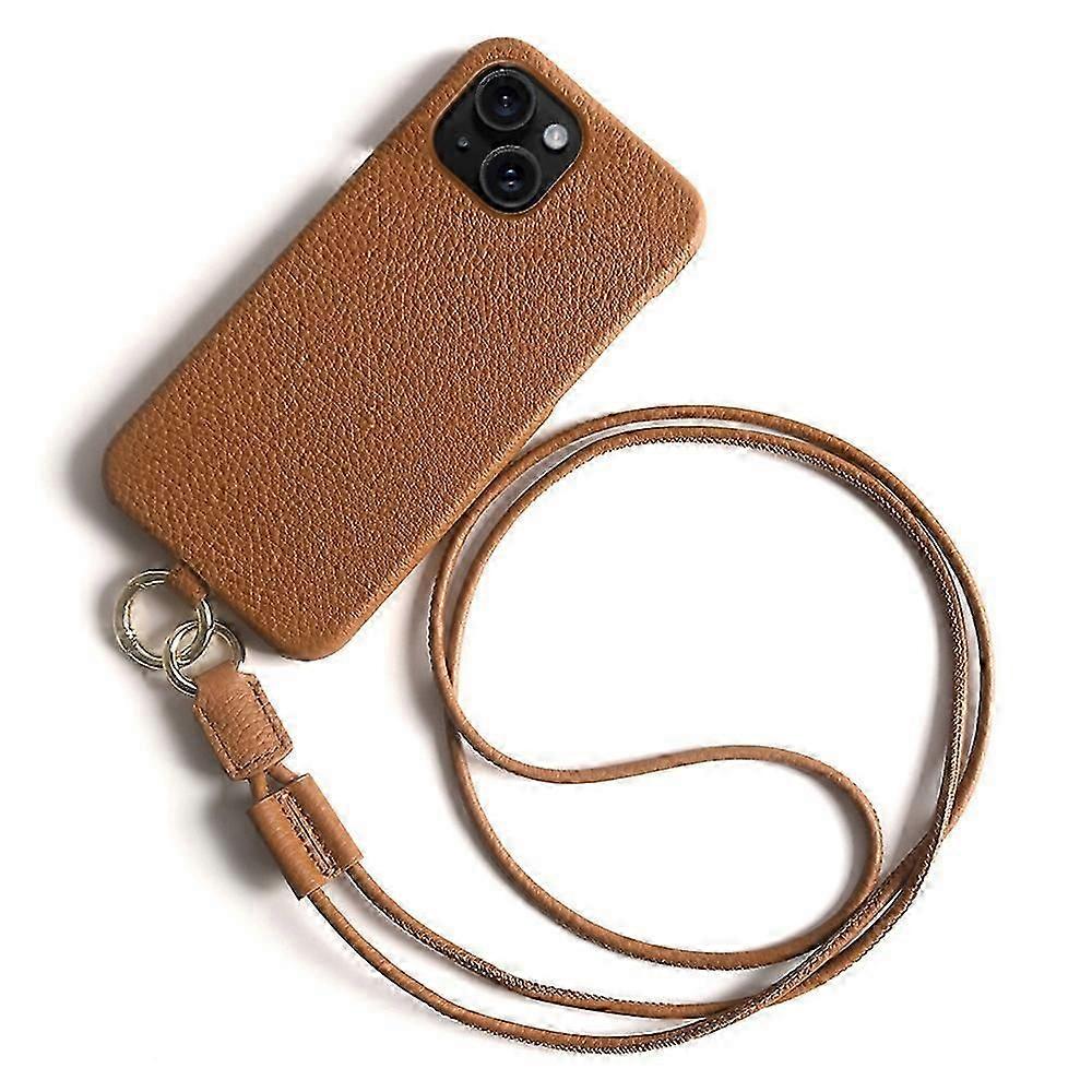 For Iphone 14 Case With Lanyard Genuine Cow Leather Pc Phone Back Cover - Black