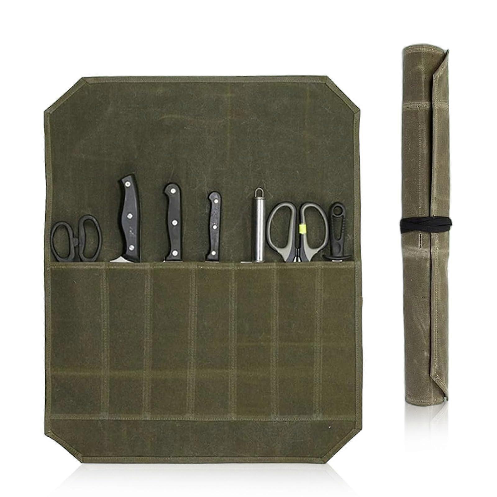 Chef's Knife Bag, 7 Compartments, Waxed Canvas, Green