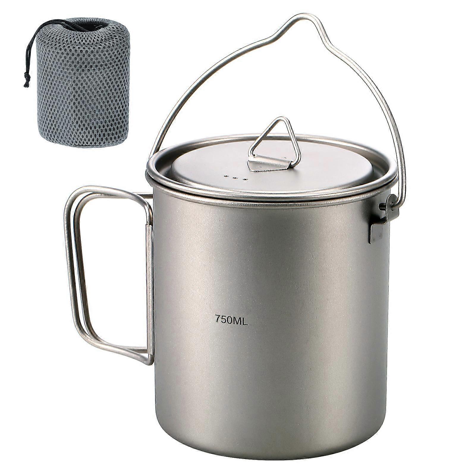 750ml Ultralight Titanium Portable Water Cup with Lid and Foldable Handle for Camping, Cooking, Picnic