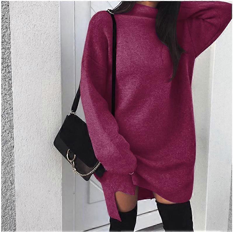 New European and American Casual Large Size Loose Knitted High Neck Split Dress for Women