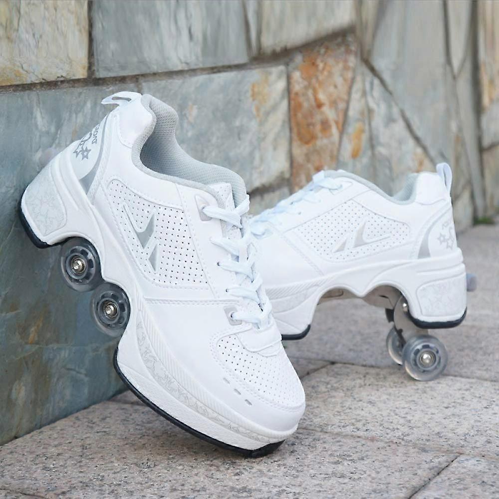 Roller Skates for Women, Adjustable Shoes with Wheels, Comfortable Quad Skates (White, EU 39.5)