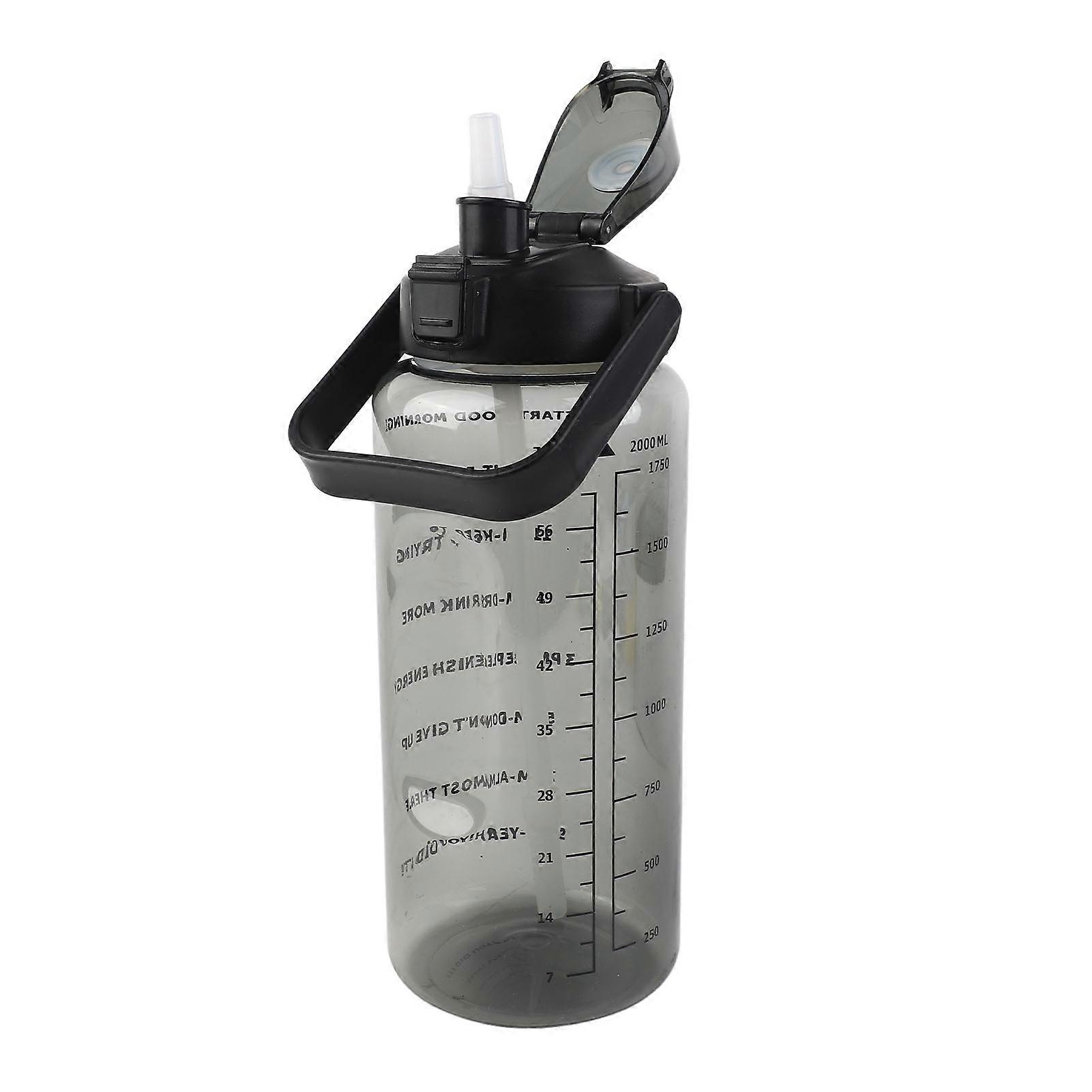 2000ml Large Leakproof High Temperature Proof Fitness Water Bottle with Straw and Time Scale Black