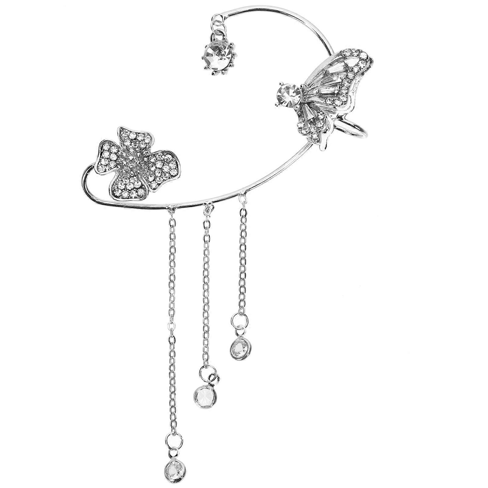 Girls Clip On Earrings Butterfly Tassel Style Ear Clip No Piercing Silver 8X3.5CM For Evening Dress 1Set