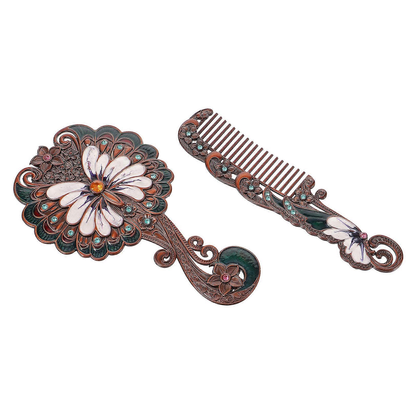 Retro Vintage Handheld Makeup Mirror Set with Embossed Design and Comb for Travel and Home Use for Women and Friends