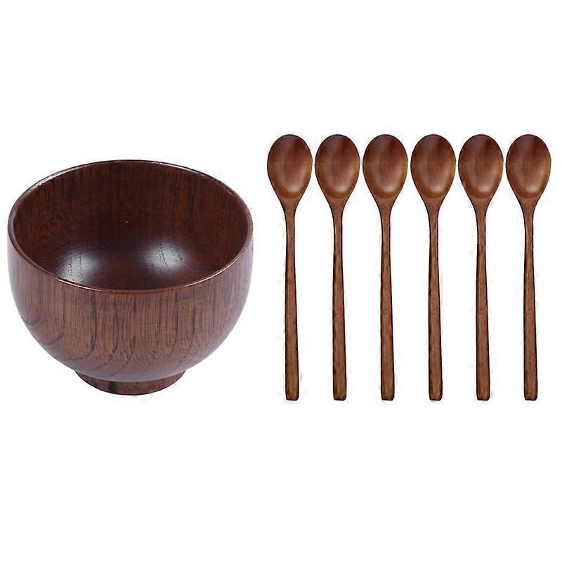 Wooden Bowls, Wooden Soup Bowl & Wooden Spoons, 6pcs Wooden Soup Spoons for Eating, Stirring, Stirring, Cooking, Long Handle