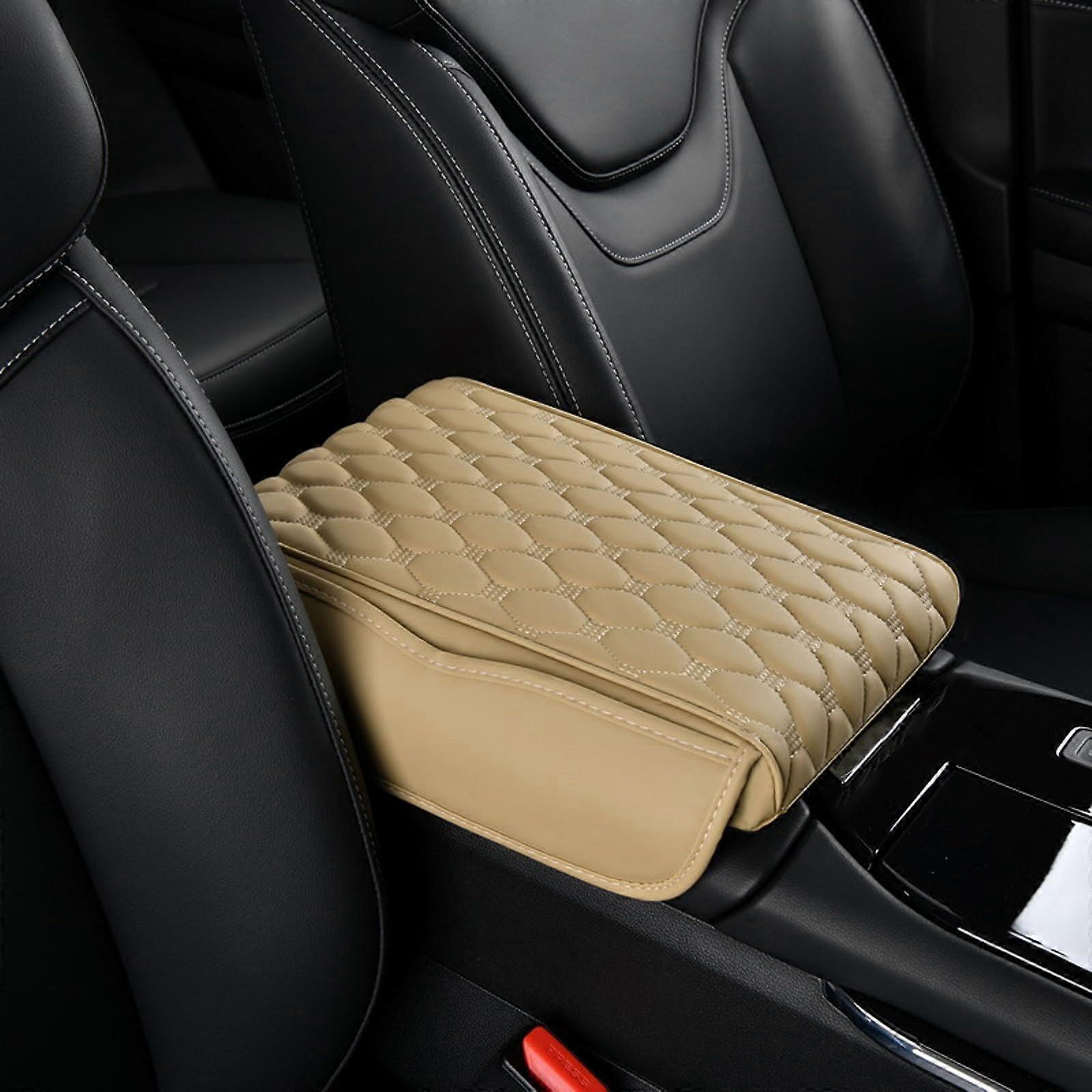 Center Console Armrest Protector, Leather Cover with 2 Storage Pockets, Universal Fit, Beige Cushion for Most Vehicles