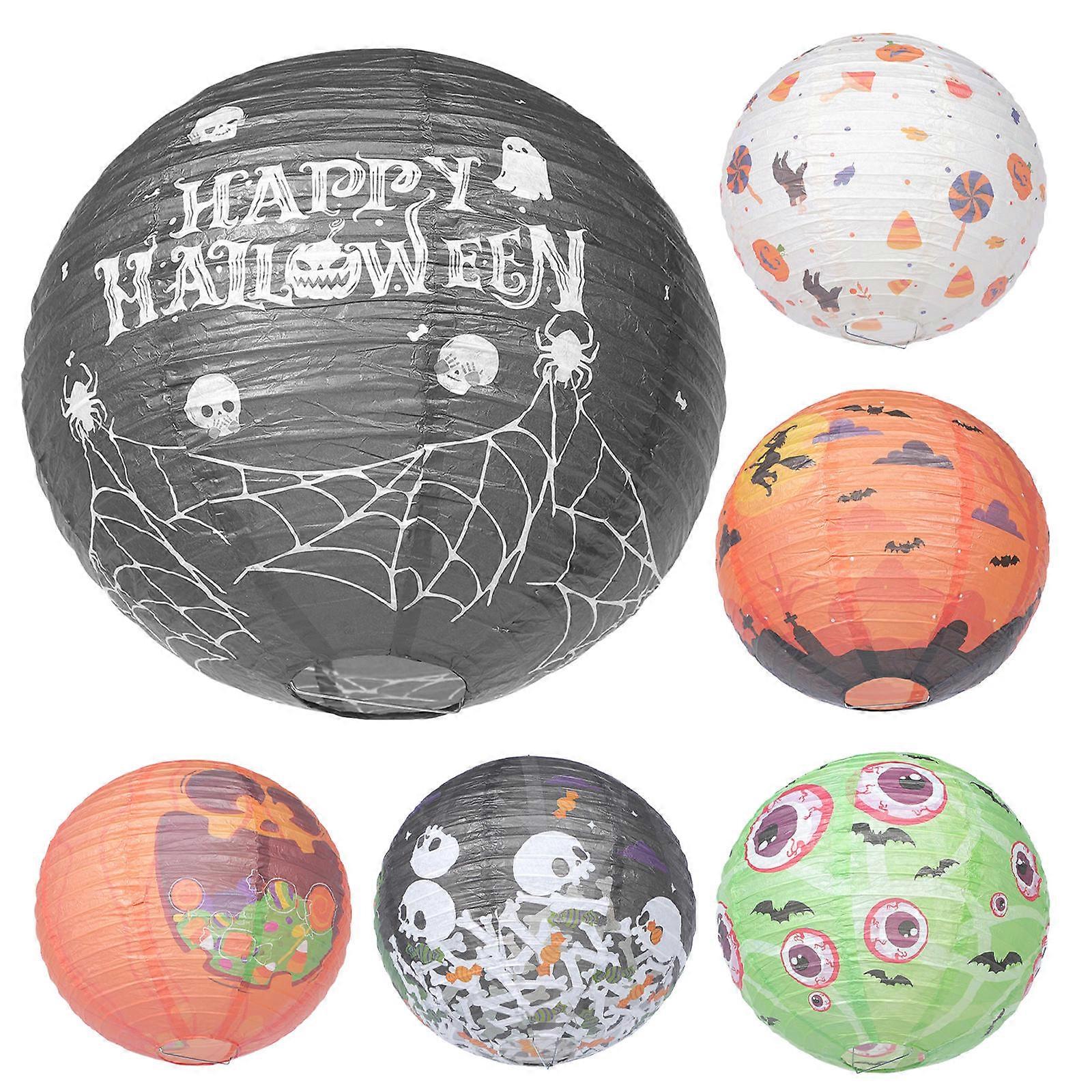 Halloween Round Lanterns Outdoor Activities Pumpkin Shape Paper and Iron Material Assorted Color 30x30cm 6Set