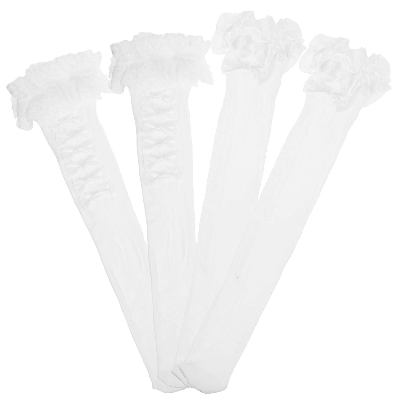 Women Knee Stockings Bow Design Daily Wearing White Chinlon Long-Term Wear 2pairs