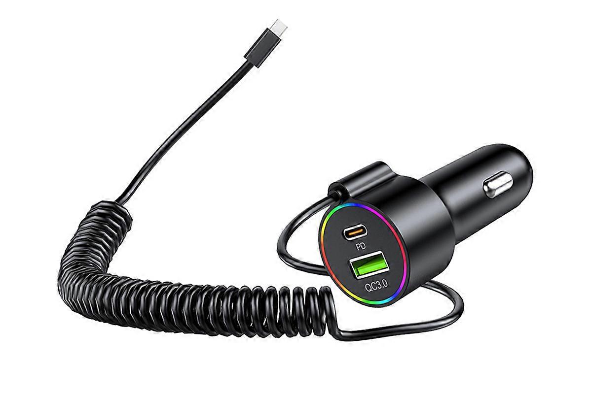 3 In 1 Car Charger With Retractable Coiled Cable USB And Type-C Fast Charging
