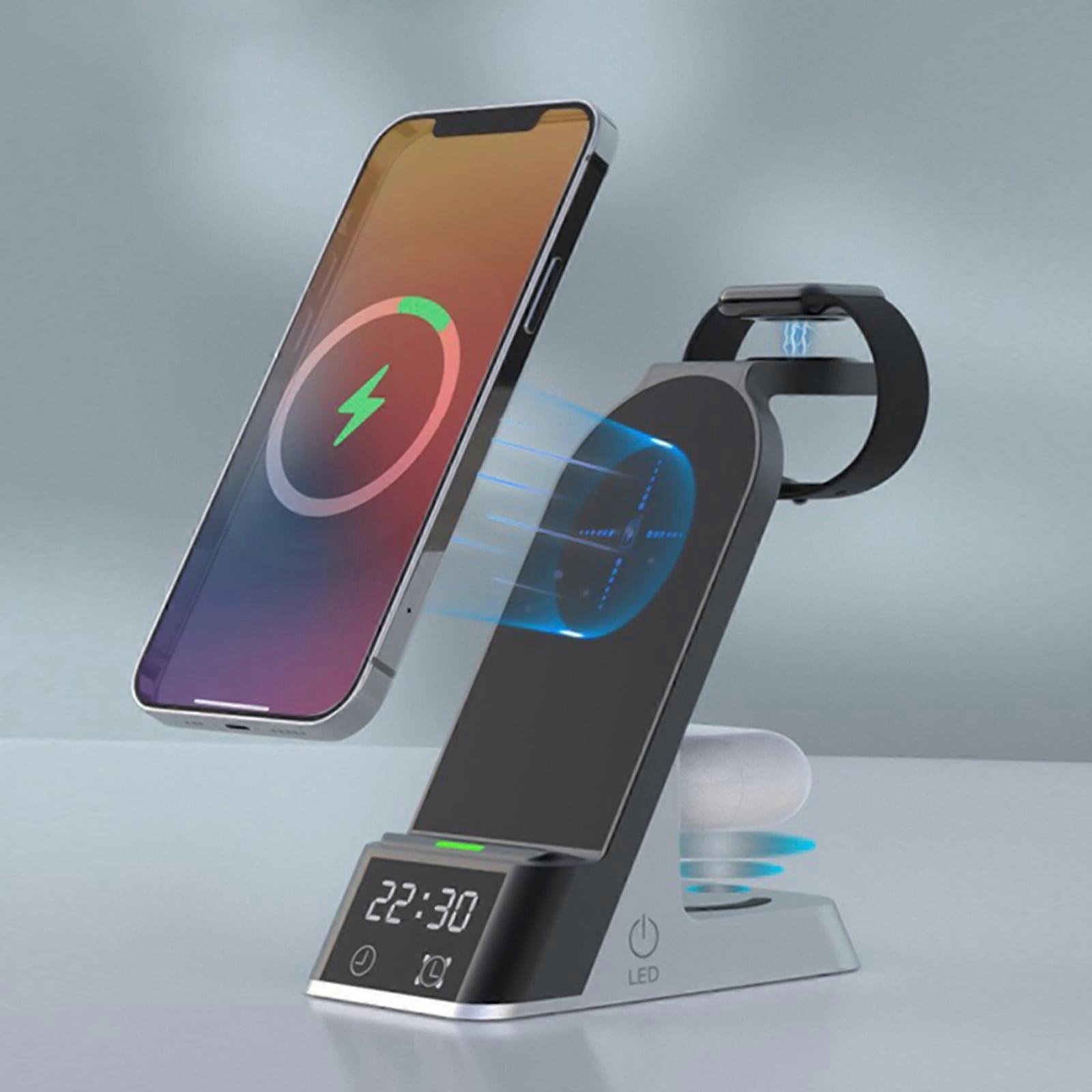 Station de charge sans fil 3 en 1 avec réveil numérique, support de charge 15 W pour plusieurs appareils, compatible iOS et Android, noir