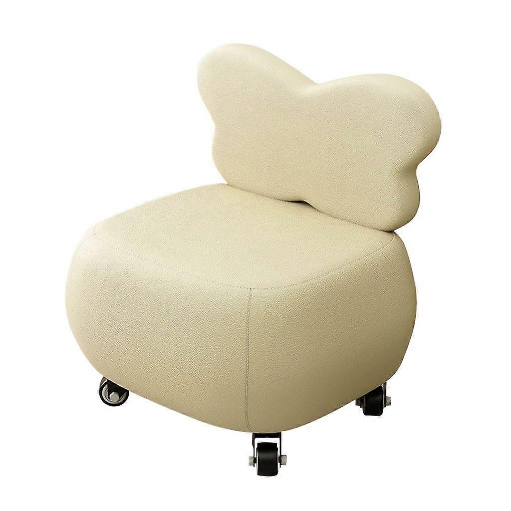 Thick Padded Seat Low Stools With Wheels, Shoe Changing Stool, ButterflyBackrest, White PU Leather Upholstered Ottoman