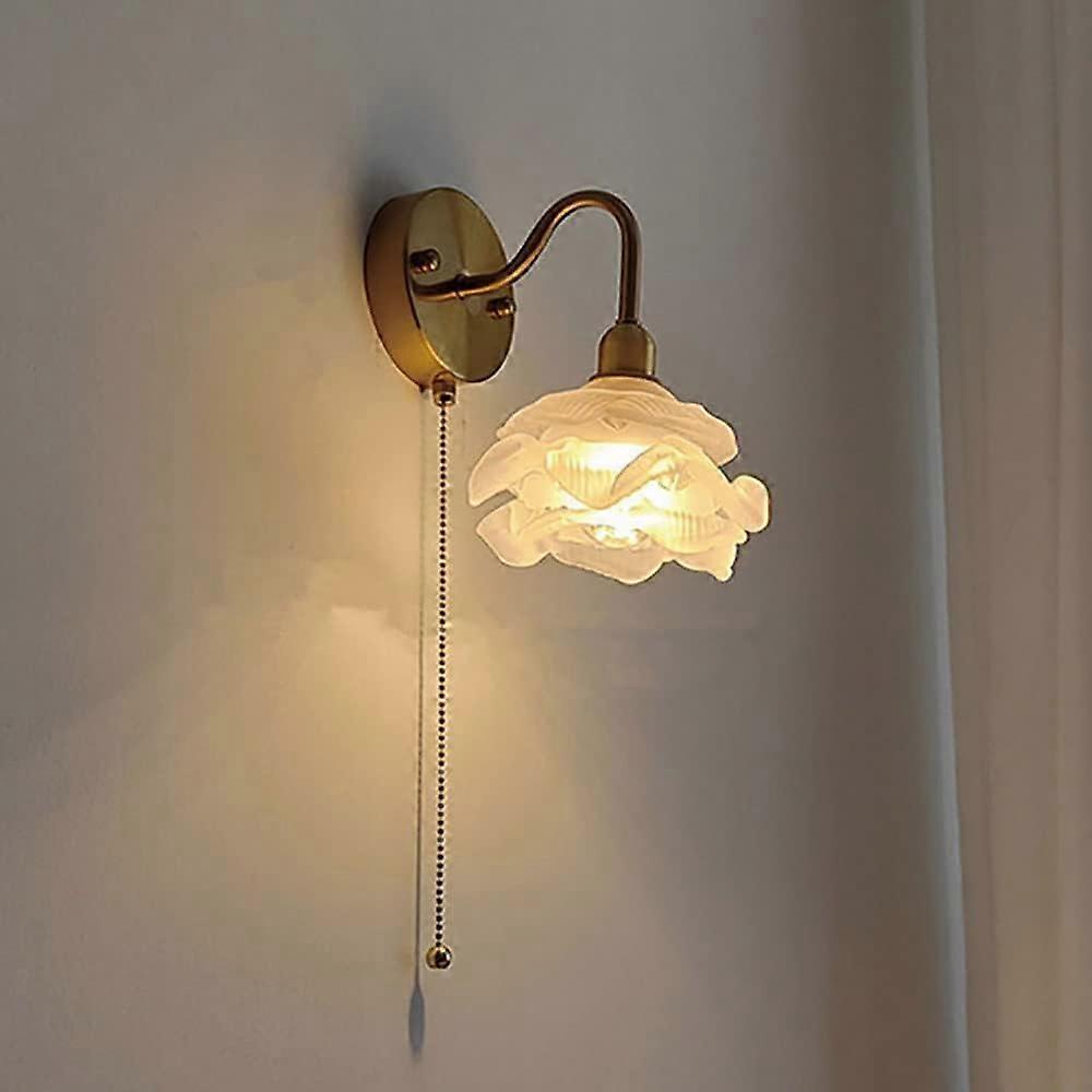Vintage Japanese Wall Light Frosted Floral Glass Brushed Brass Finish E27 Socket Pull Cord Switch Living Room Decor