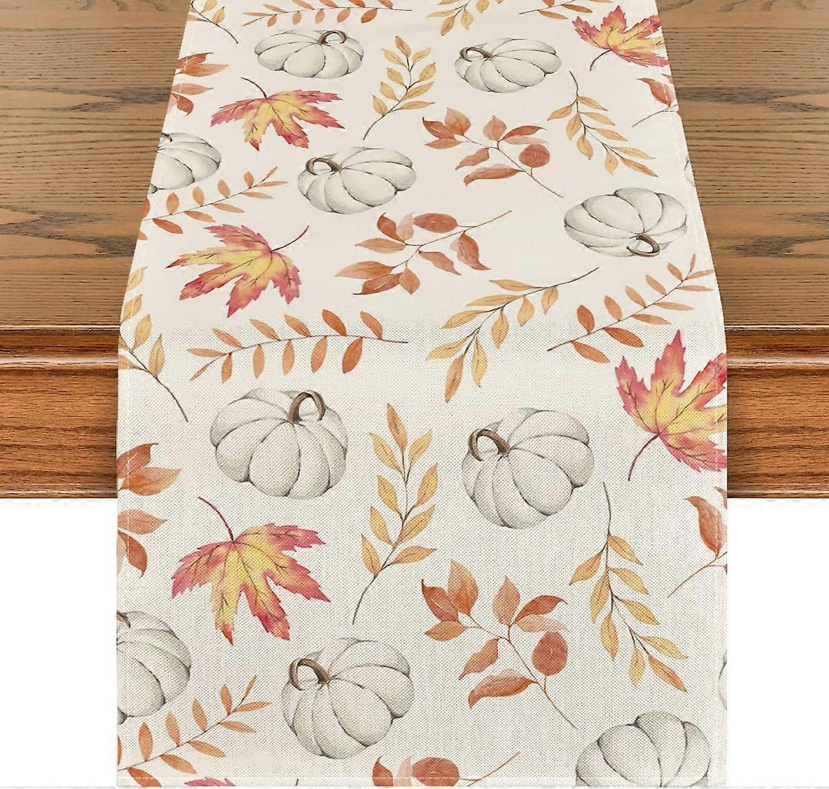 13x72 Inch Fall Table Runner - Orange Pumpkins & Maple Leaves Decor for Autumn Kitchen, Dining Table & Home Party
