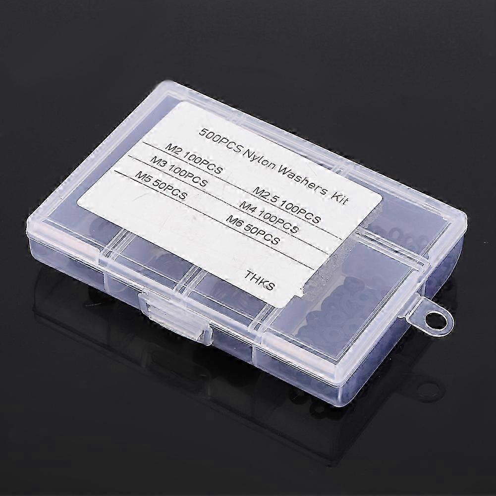 500pcs M2-M6 Nylon Flat Washer Gasket Plain Washers Assortment Kit with Box (Black)