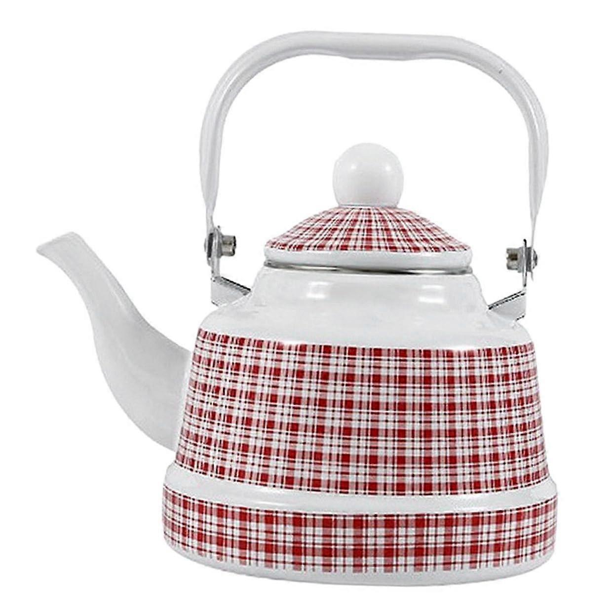 Enamel Tea Kettle Flat Bottom Stovetop Pot for Even Heating Milk and Water with Retro White Pattern