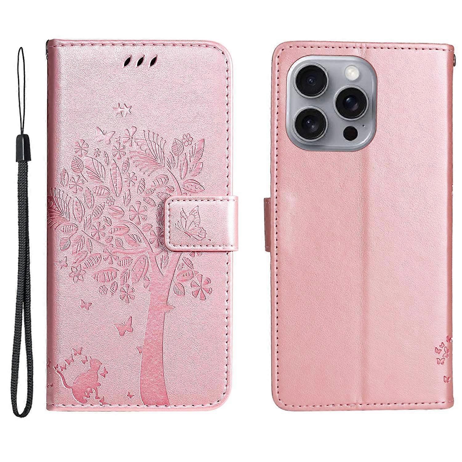 For iPhone 16 Pro Max Phone Case with Stand Cat Tree Pattern Leather Wallet Mobile Cover