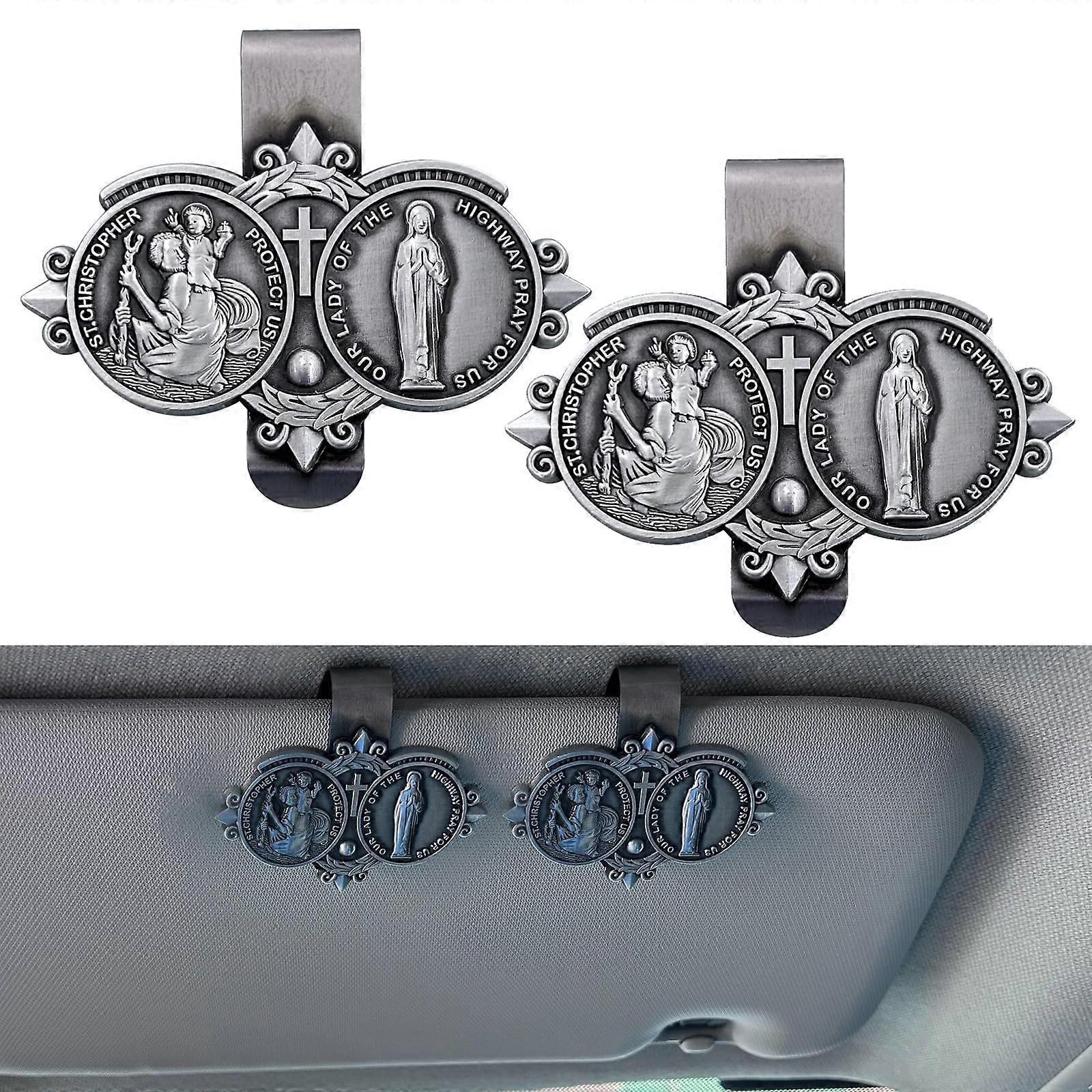 2PCS St Christopher and Our Lady Car Visor Clip Set, Universal Metal Fit with Secure Clamp, Silver