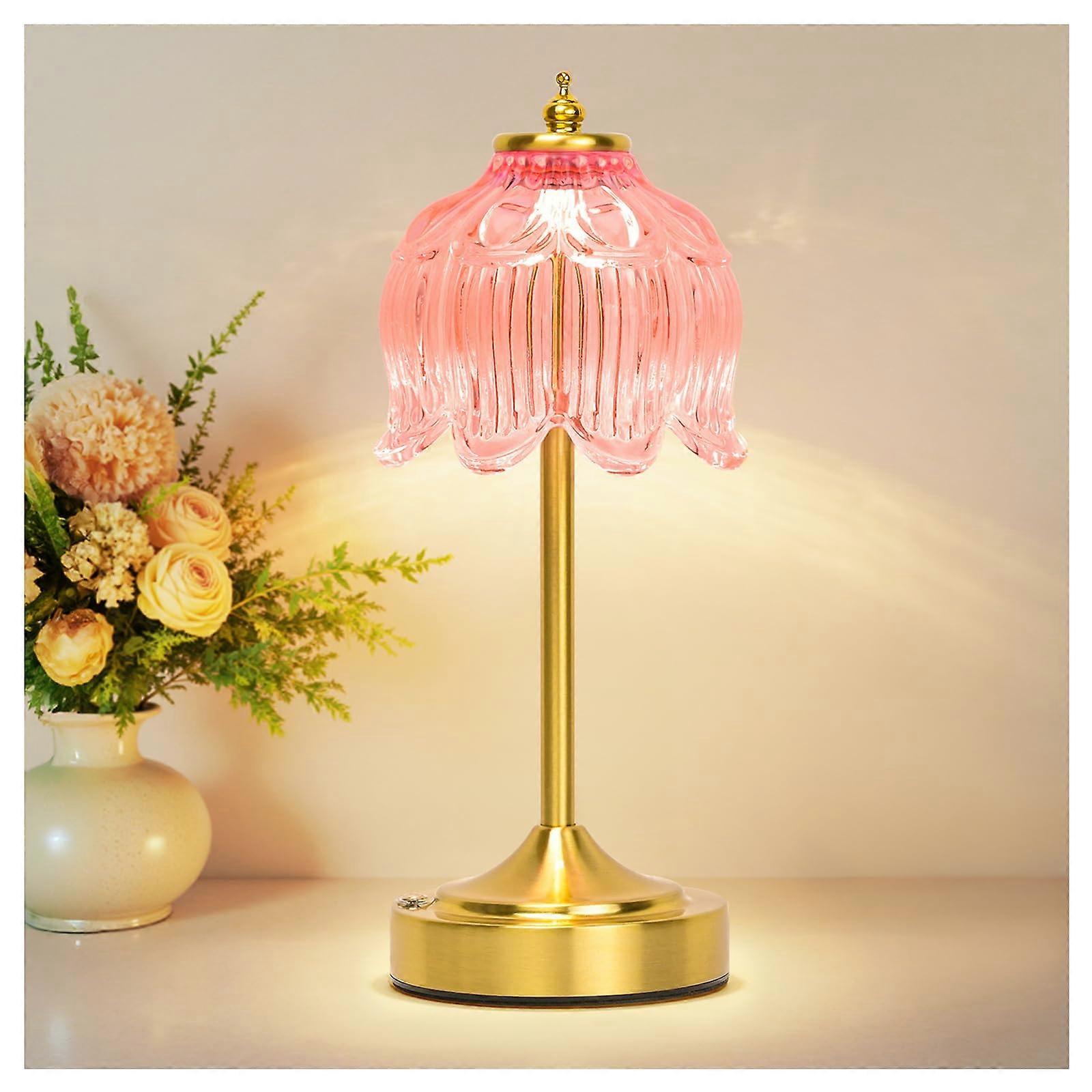 Cordless Rechargeable Table Lamp with Touch Control, Victorian Lotus Glass Shade, 3 Color Modes, Pink